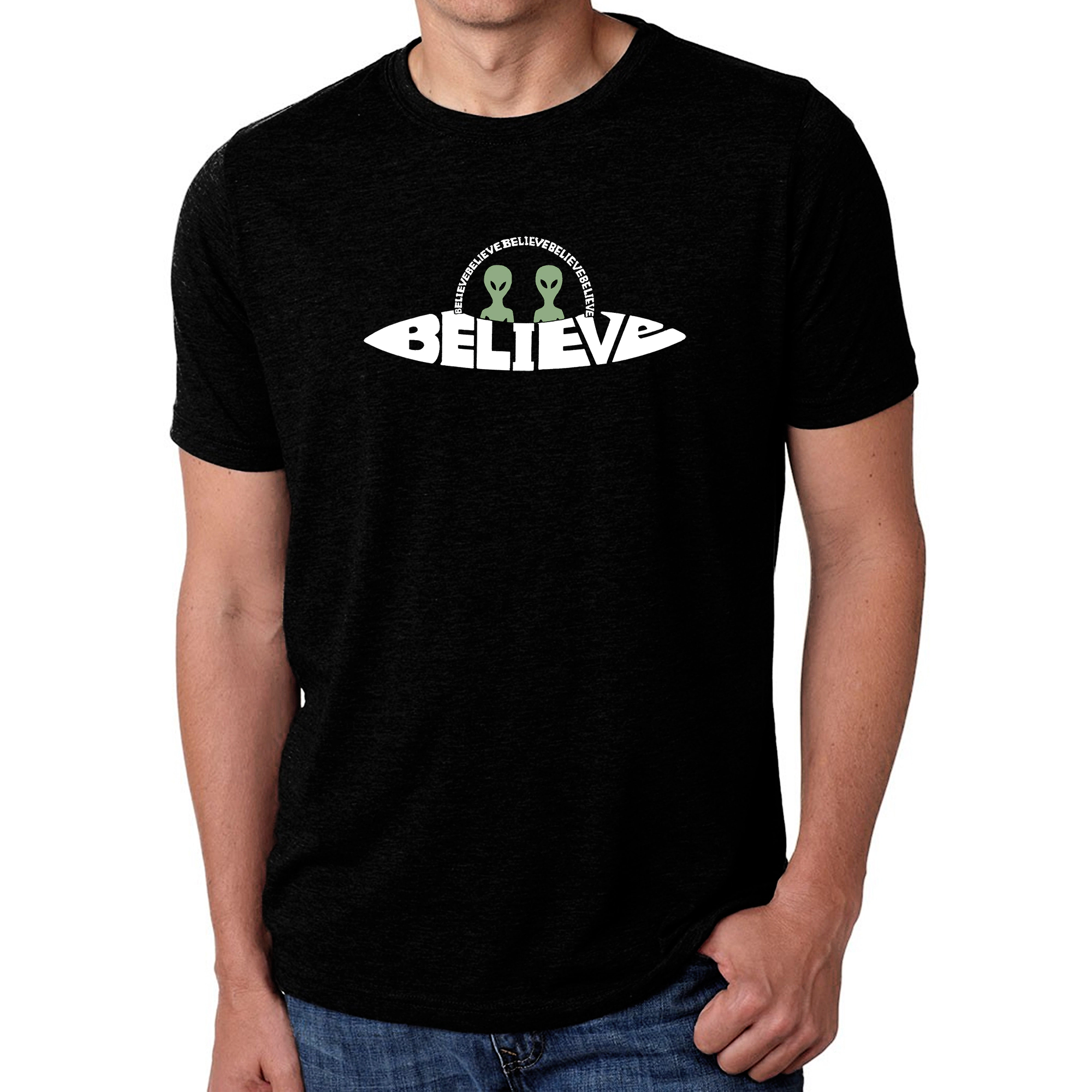 LA Pop Art Men's Cotton/Poly Blend Word T-Shirt - Believe UFO