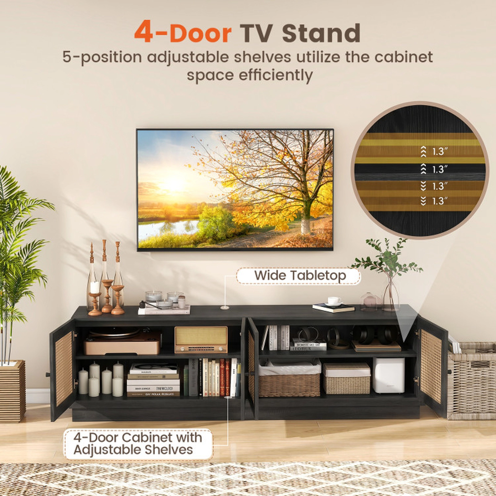 SUGIFT Farmhouse TV Stand with PE Rattan Doors and Adjustable Shelves for TVs up to 75 in 220-lb Tabletop Capacity Black