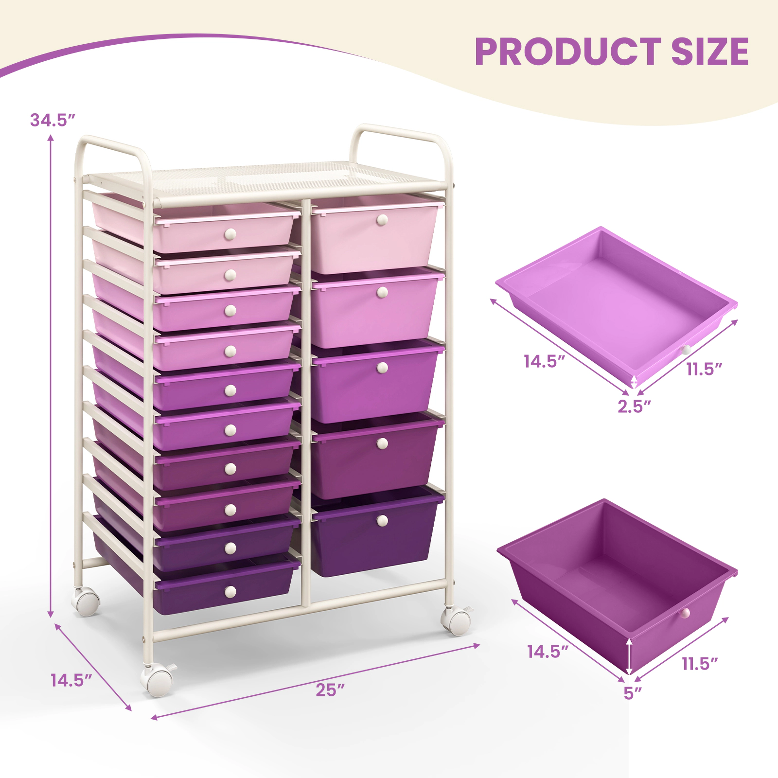 SUGIFT 15-Drawer Rolling Utility Organizer Cart with Removable Plastic Drawers 22-lb Top Capacity Purple