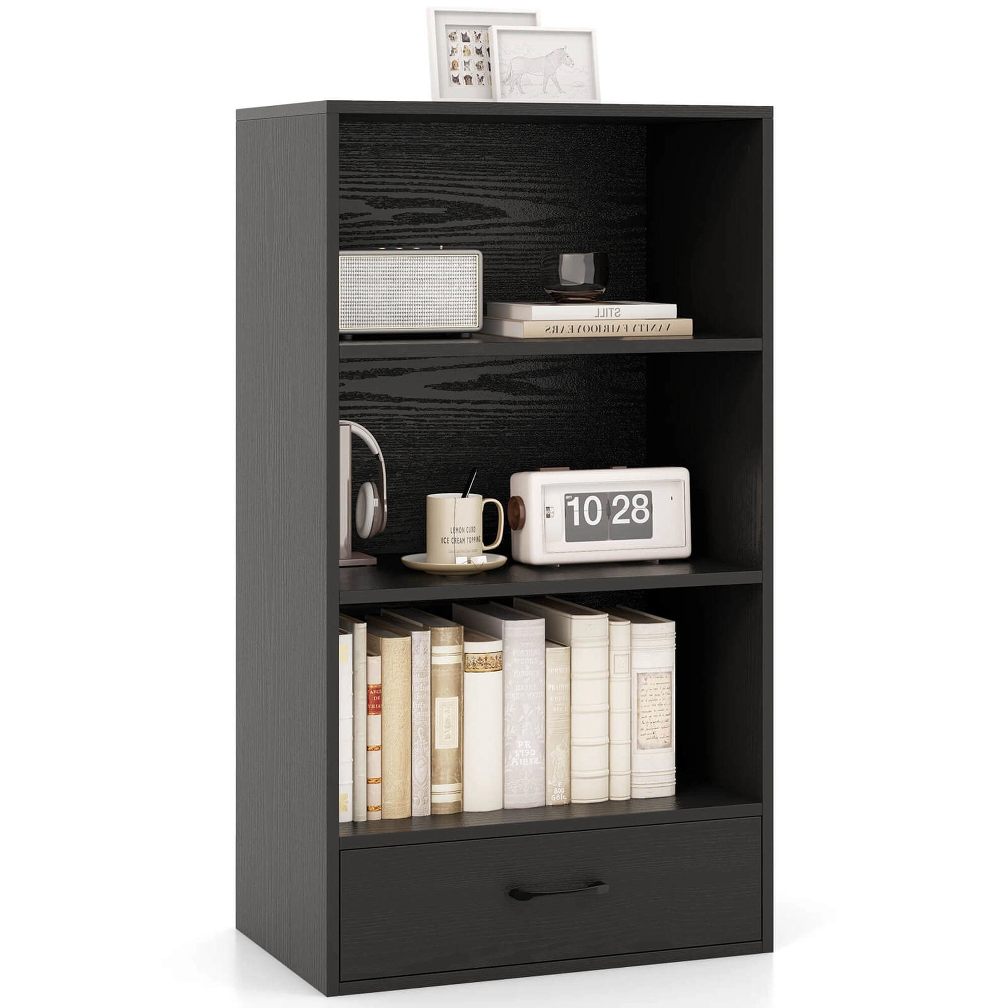 Costway 42'' Tall 4-tier Storage Shelf Wood Bookcase with Drawer Home Organizer Display Rack Black