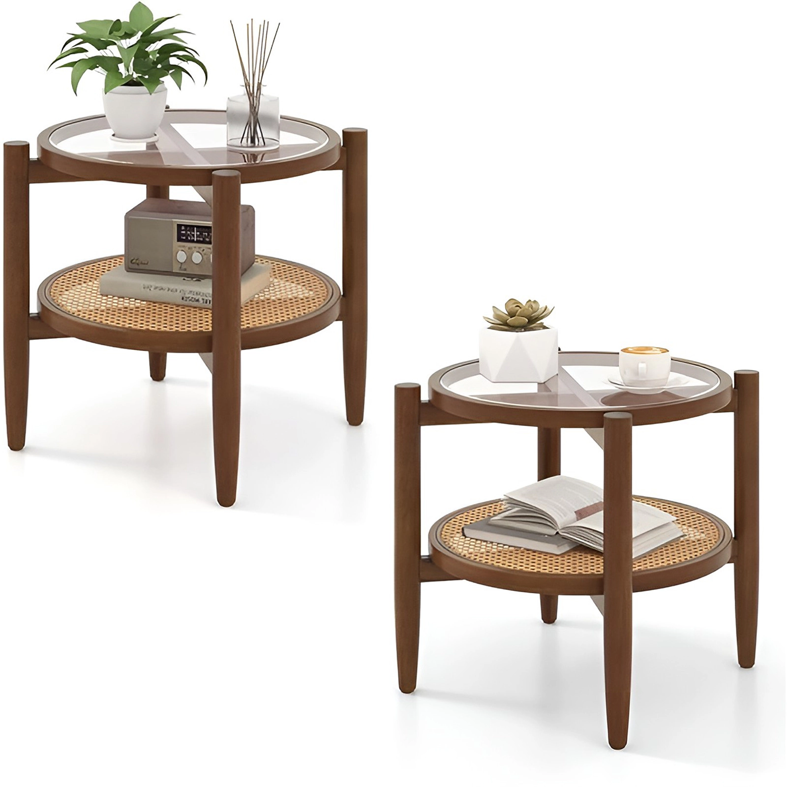 SlickBlue Set of 2 Rattan End Tables with Glass Top and Storage