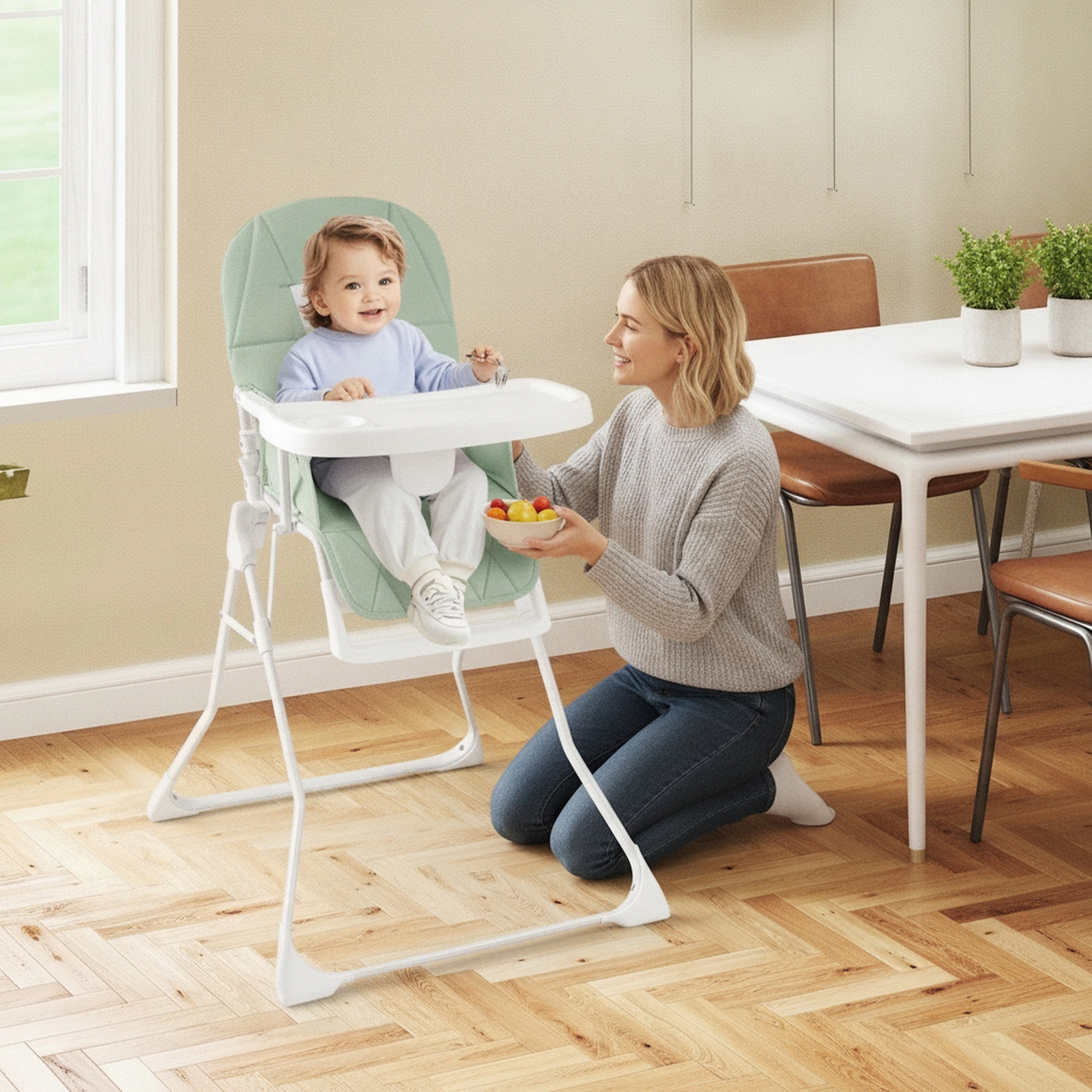 Easy-Clean Compact Folding Baby High Chair Quick-Release Tray Built-In Cup Holder 3-in Flat Fold 6 to 36 Months Green
