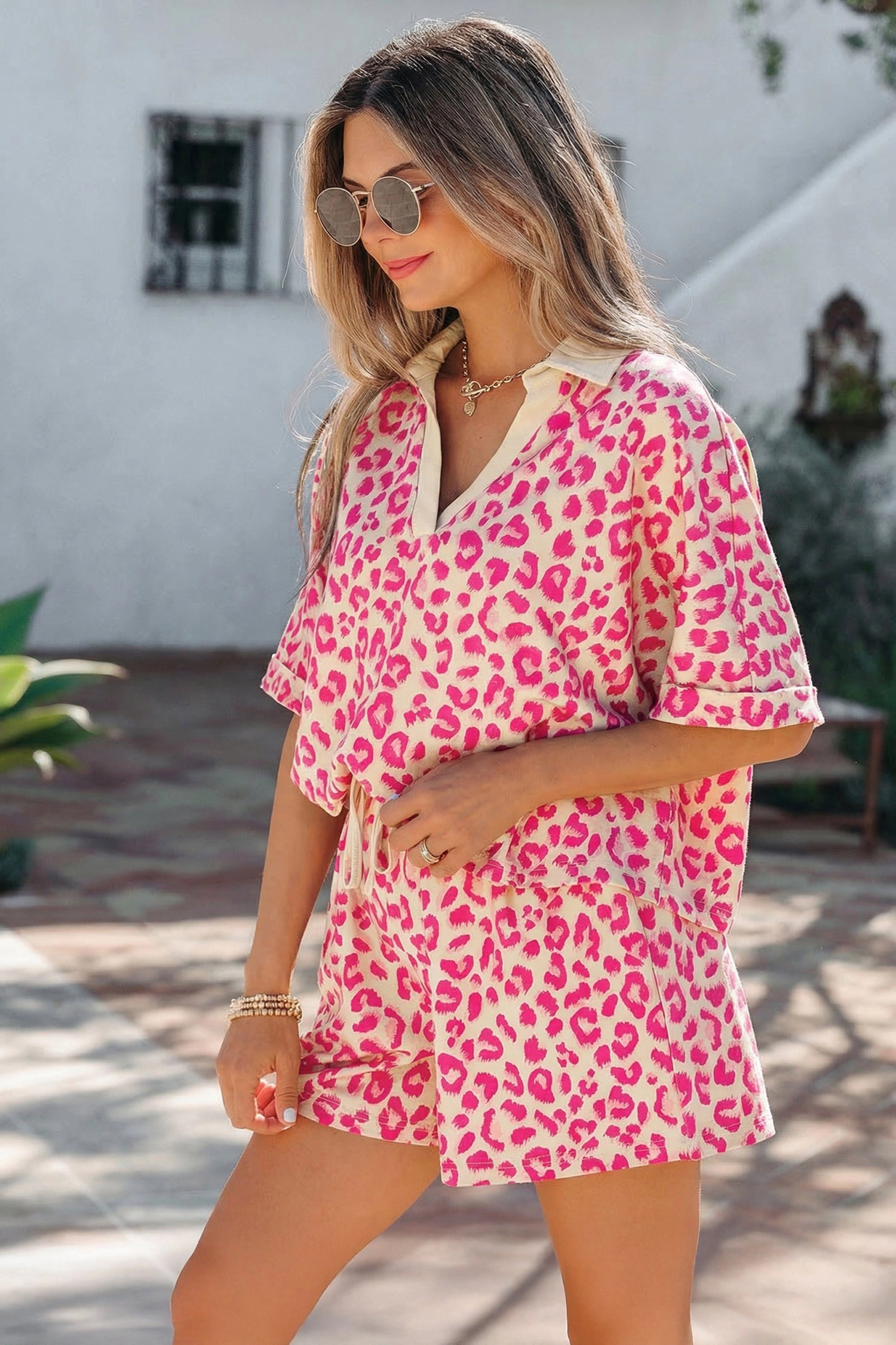 Threaded Pear Womens Nyomi Leopard Print 2-Piece Short Set