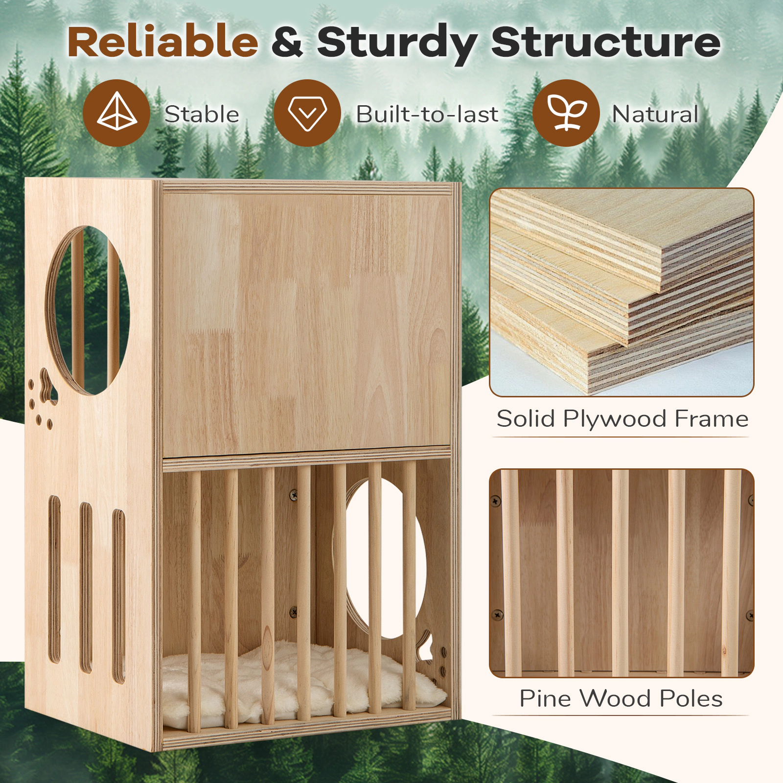 SUGIFT 17 x 25.5-in 33-lb Layer Capacity Natural 2-Tier Wooden Cat Condo House with 2 Removable Cushions