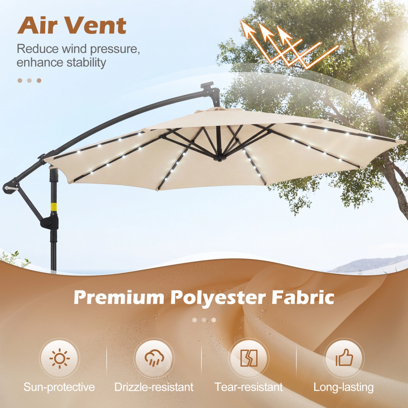 SUGIFT Solar LED Offset Cantilever Patio Umbrella with Crank 10 x 8-ft Canopy 116-lb Base Capacity with Sandbags Beige