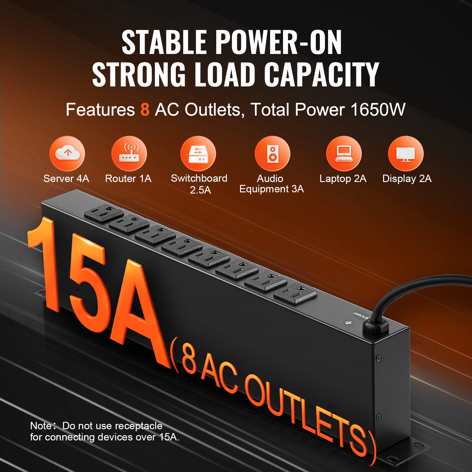 HONGGE 1U PDU, Rack Mount Power Strip Fits Standard 19 Server Racks, with Switch Surge Protection & Overload Protection