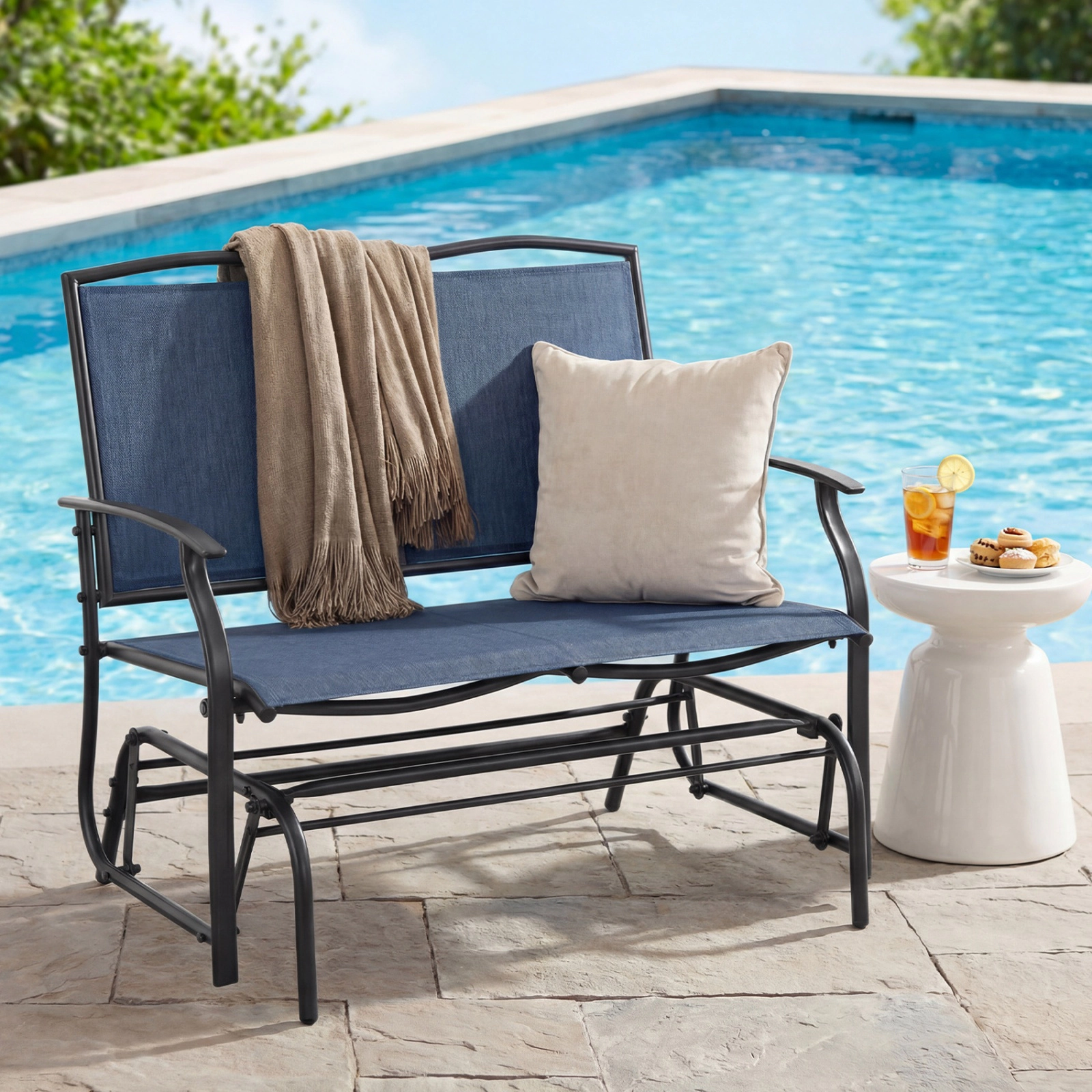 SUGIFT Steel Textilene Patio Rocking Loveseat Chair 396-Lb Capacity Seats 2 Navy Black Brown Gray