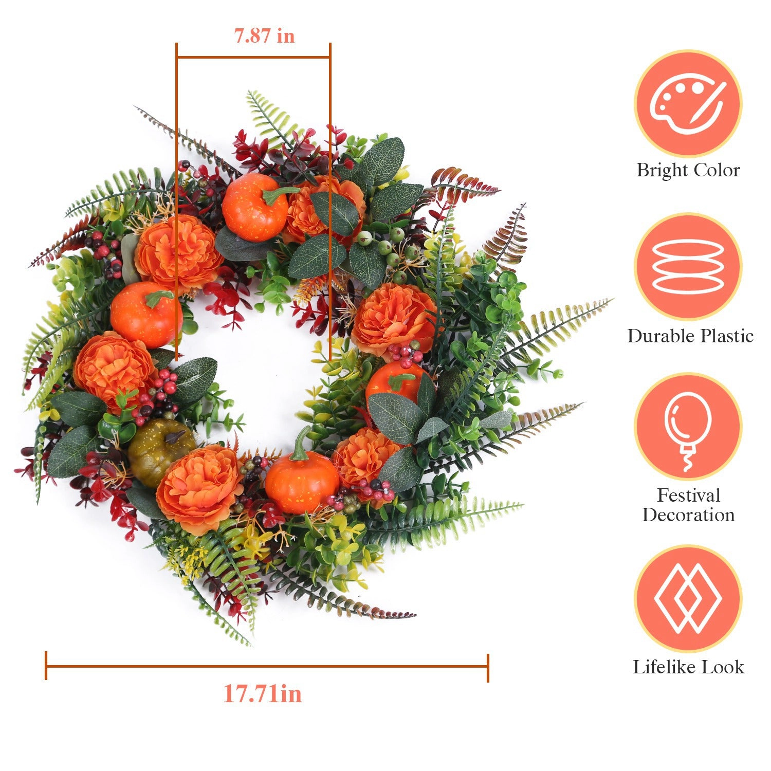 GBruno 17.71 In Autumn Wreath With Pumpkin And Leaves