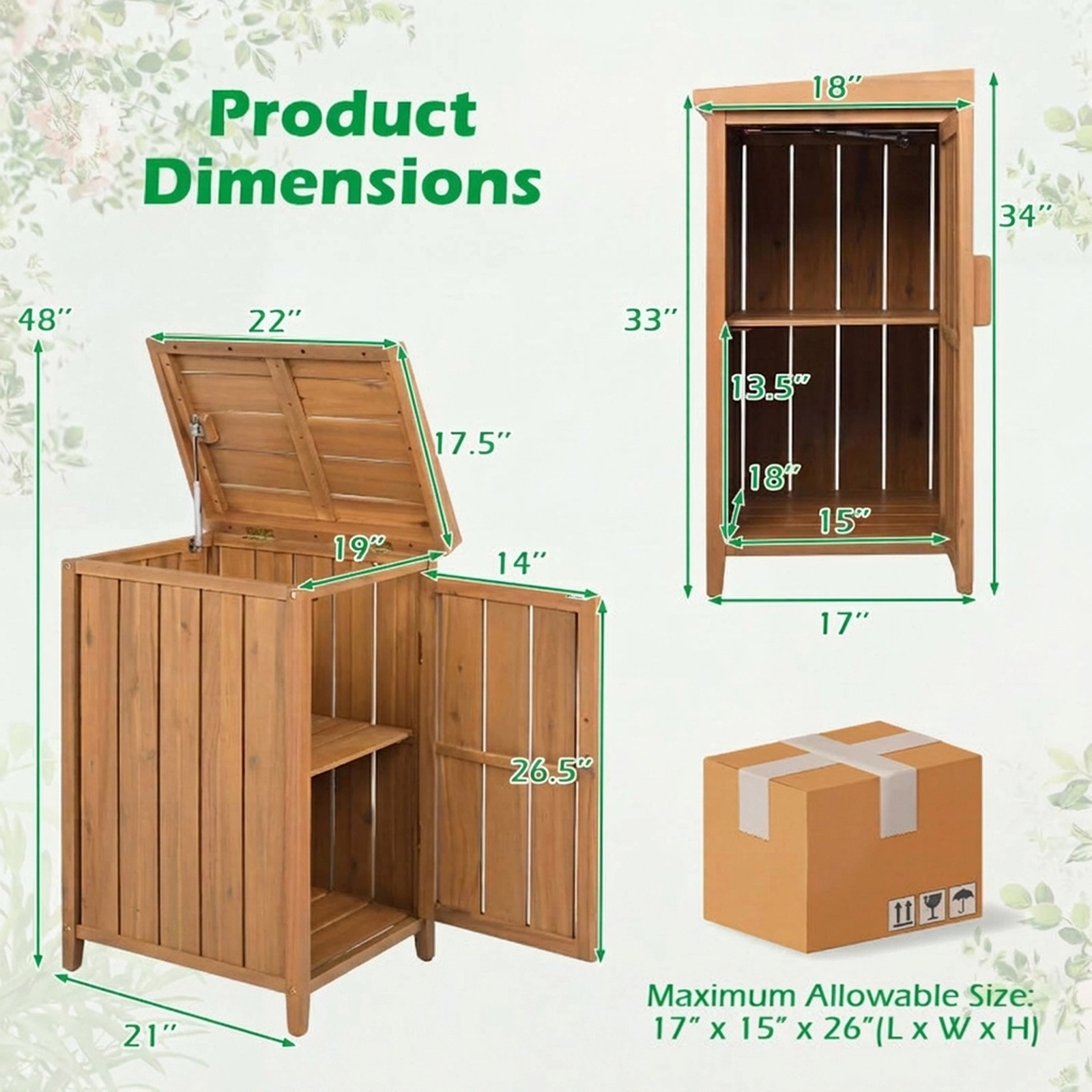 SUGIFT Acacia Wood Package Delivery Box with Pneumatic Lid Removable Shelf and 88-lb Shelf Capacity