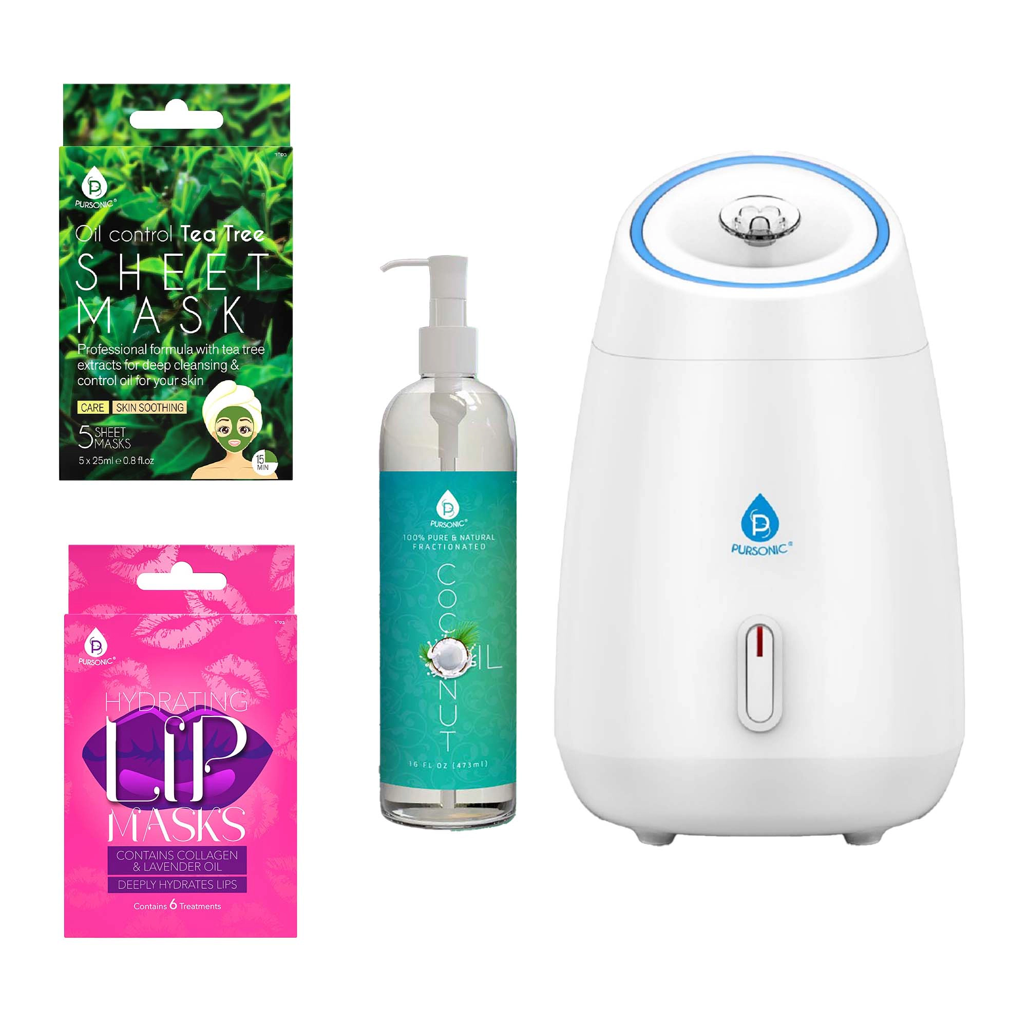 Pursonic Unisex Hydrating Skincare & Beauty Bundle: Lip Masks, Facial Steamer, Tea Tree Masks & Coconut Oil