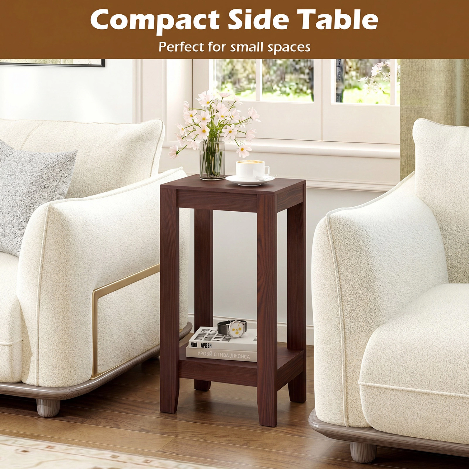 SUGIFT Tall Wooden Sofa End Table Side Table with Shelf 29-in Tall 55-lb Tabletop Capacity Brown/Black/White