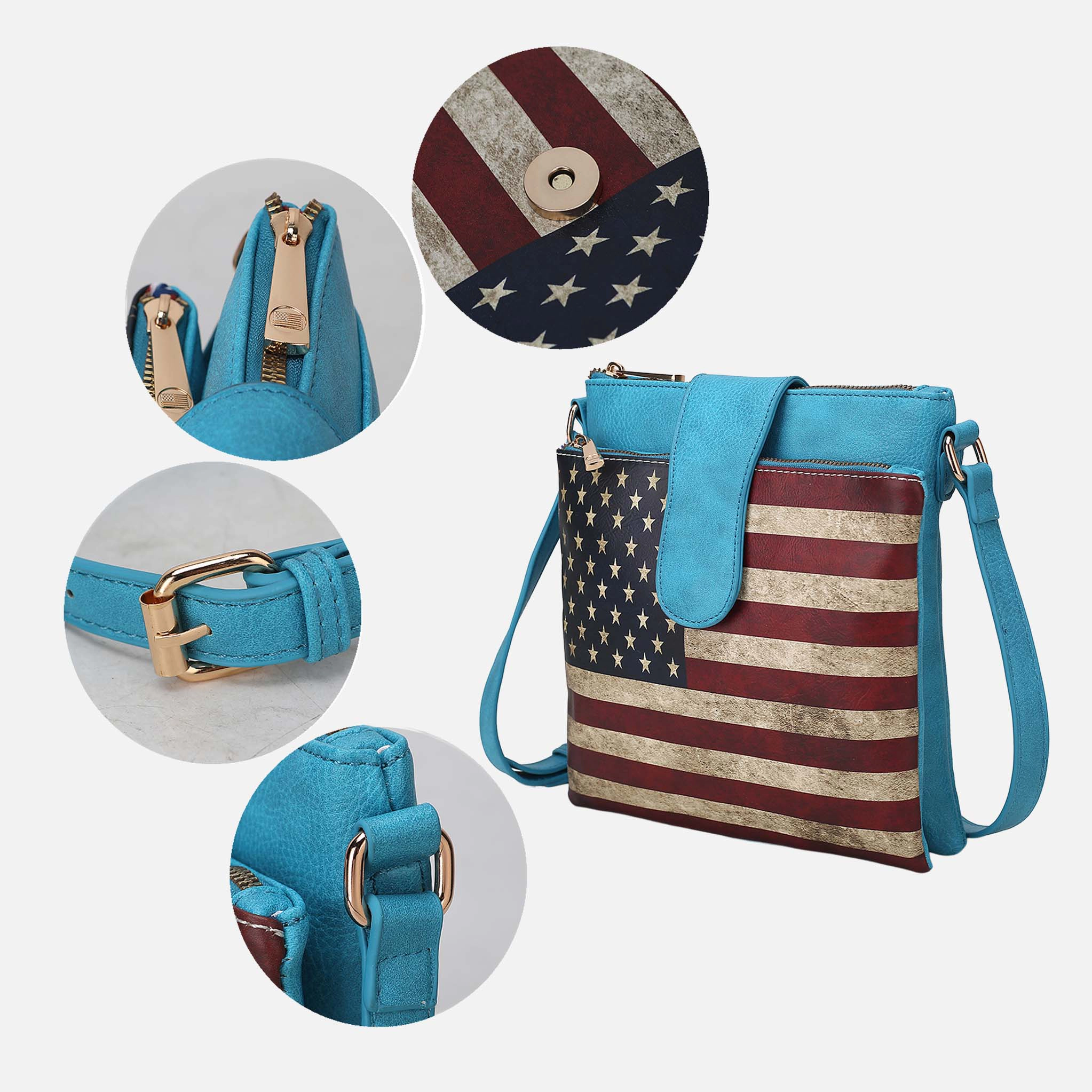 Mia K Collection Josephine Crossbody Bag - Vegan Leather Patriotic Print, Two-Compartment, Adjustable Strap