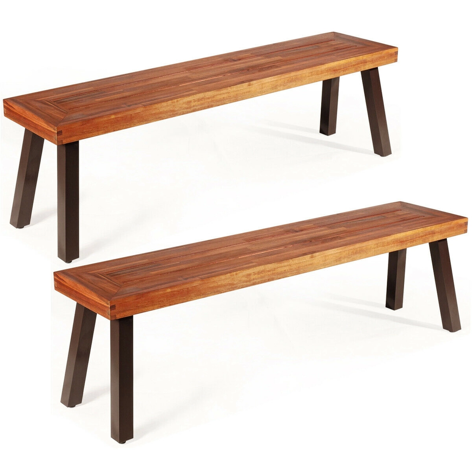 SUGIFT Set of 2 60-Inch Acacia Wood Outdoor Dining Benches, Steel Frame, Levelers, 700-Lb Capacity