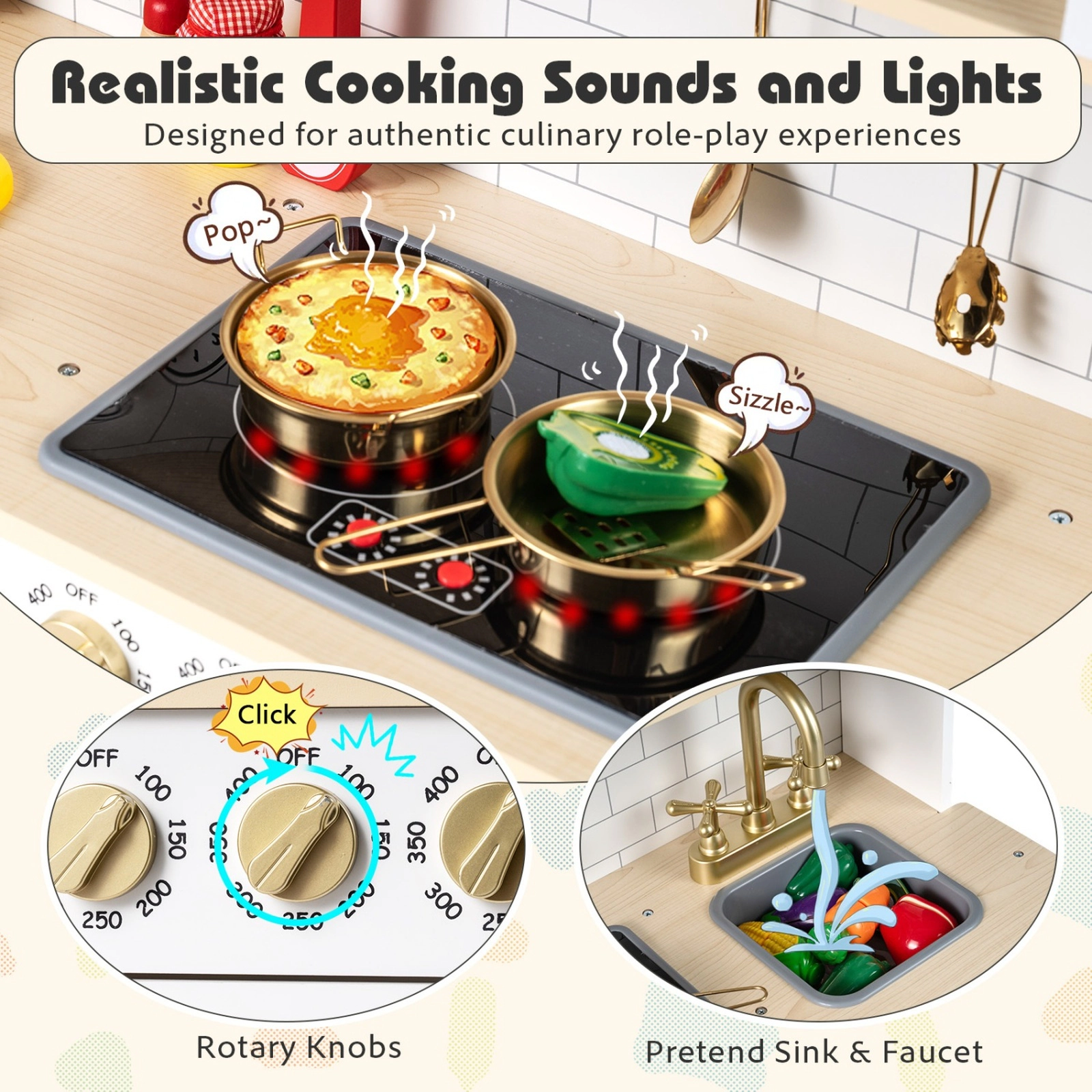 SUGIFT Wooden Play Kitchen with Realistic Lights and Sounds for Kids Ages 3+ 34.5-in Tall Black/White