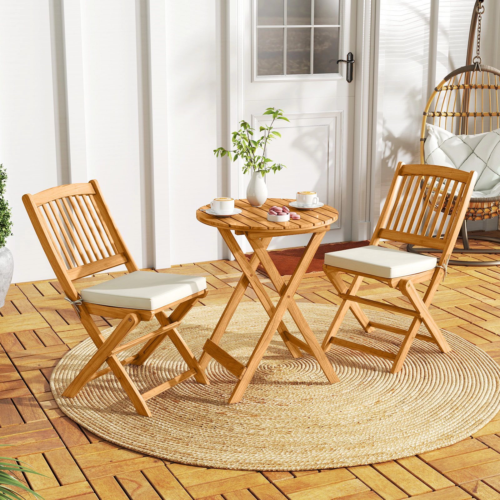 LJG 3 Pieces Acacia Wood Patio Folding Bistro Set with Soft Cushions